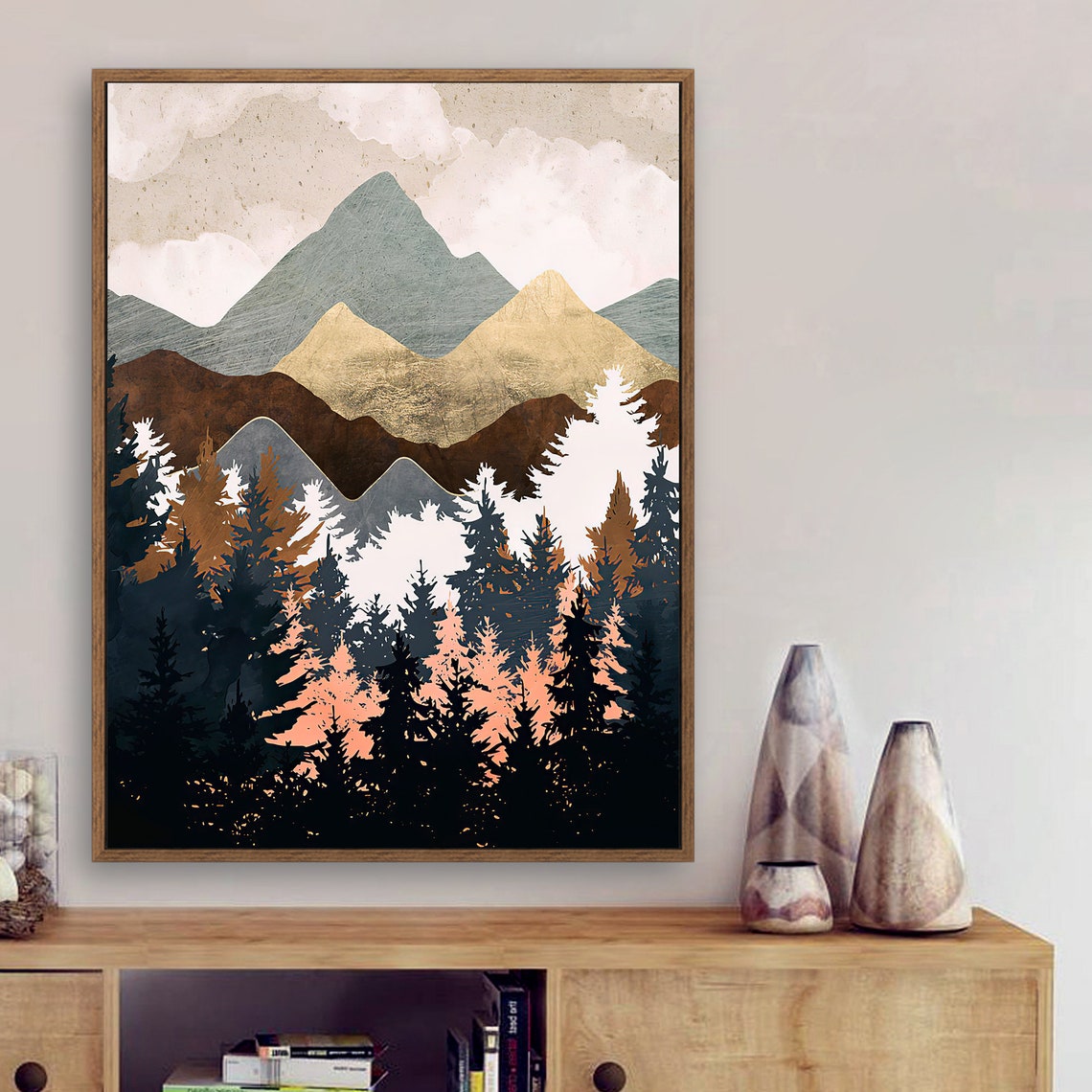 Mountains by the Forest - Nordic Scandinavia Abstract Color Wall Art on Wood Stretched Canvas with Frame for Vintage Home Decor - Texture Of Dreams 