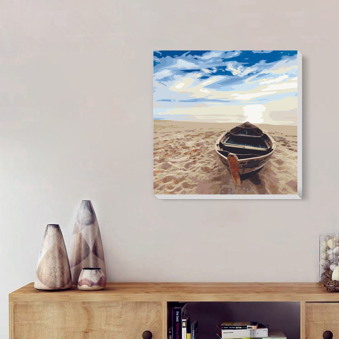Boat on Beach - Paint by Number Kit DIY Oil Painting Kit on Wood Stretched Canvas 14"x14"
