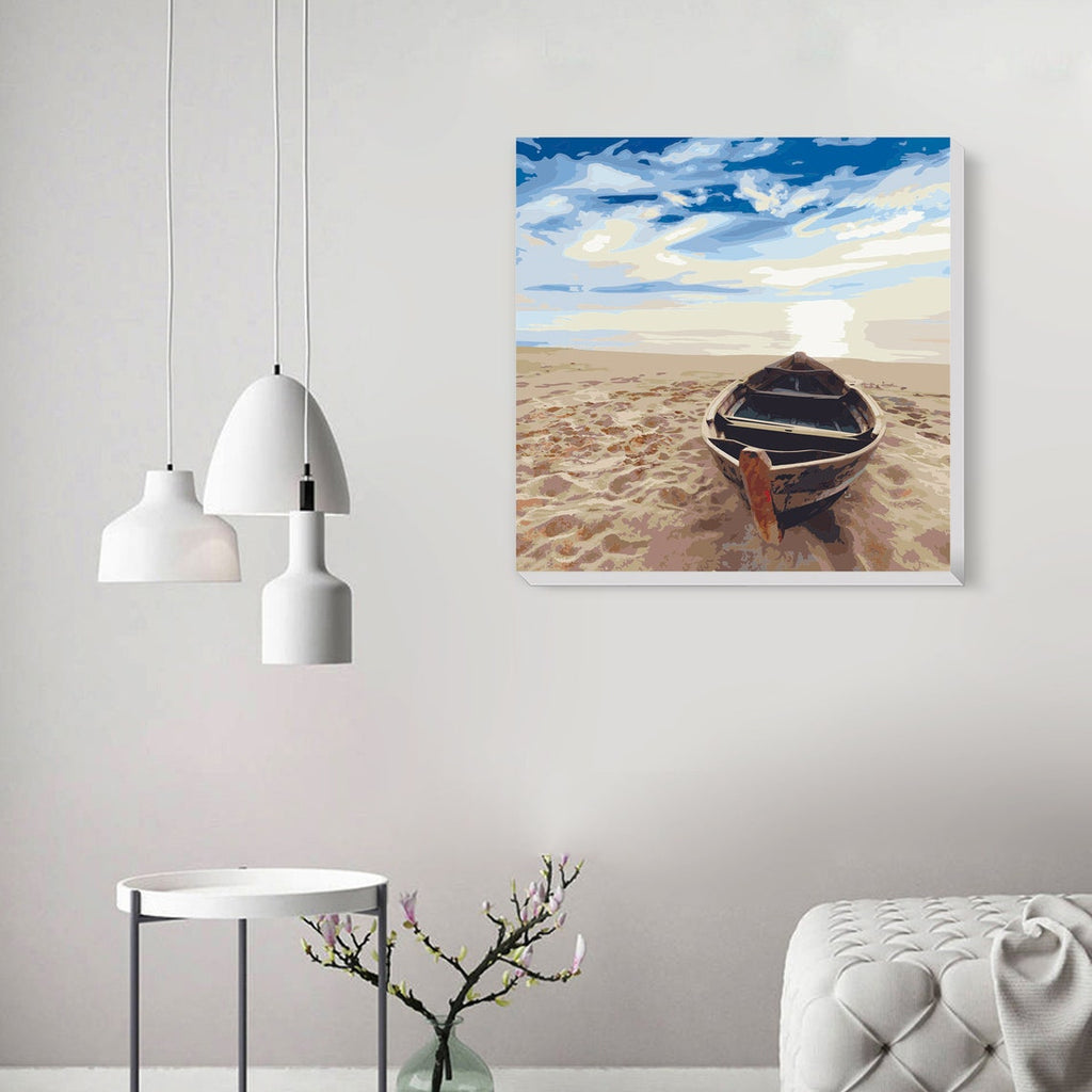 Boat on Beach - Paint by Number Kit DIY Oil Painting Kit on Wood Stretched Canvas 14"x14" - Texture Of Dreams 