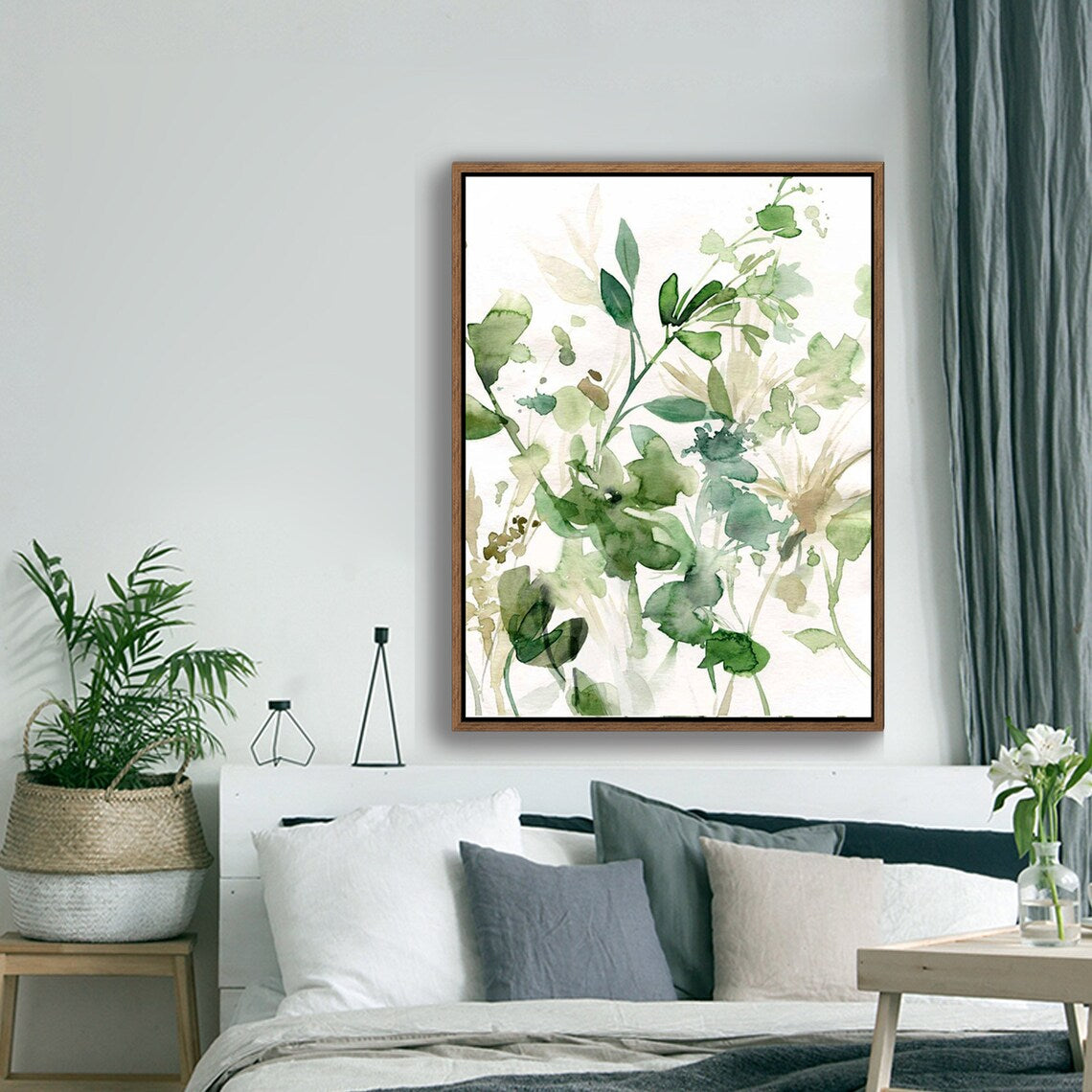 Nature Leaf Grass Watercolor Print on Wood Stretched Canvas with Frame for Vintage Home Decor