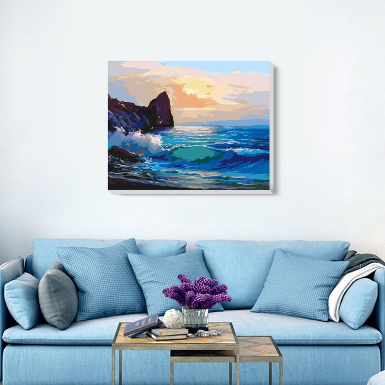 Blue Ocean Waves - Paint by Number Kit DIY Oil Painting on Wood Stretched Canvas 16"x20" - Texture Of Dreams 