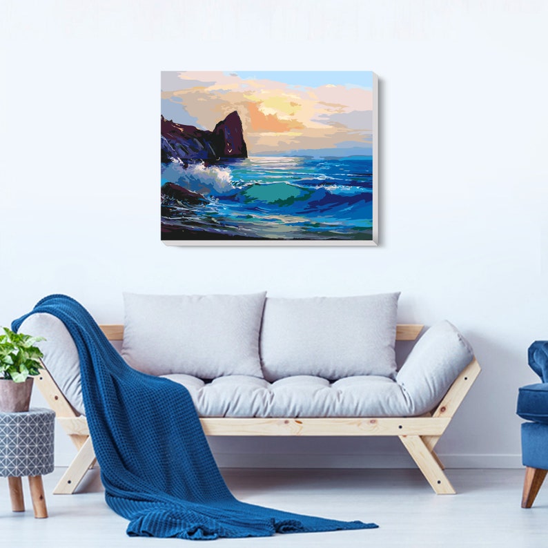 Blue Ocean Waves - Paint by Number Kit DIY Oil Painting on Wood Stretched Canvas 16"x20" - Texture Of Dreams 