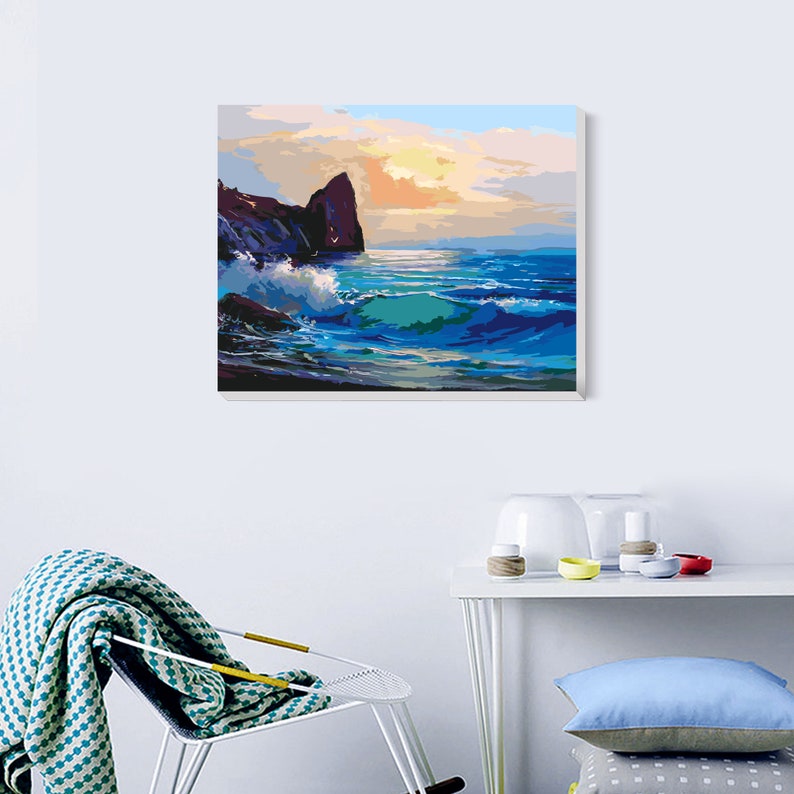 Blue Ocean Waves - Paint by Number Kit DIY Oil Painting on Wood Stretched Canvas 16"x20" - Texture Of Dreams 