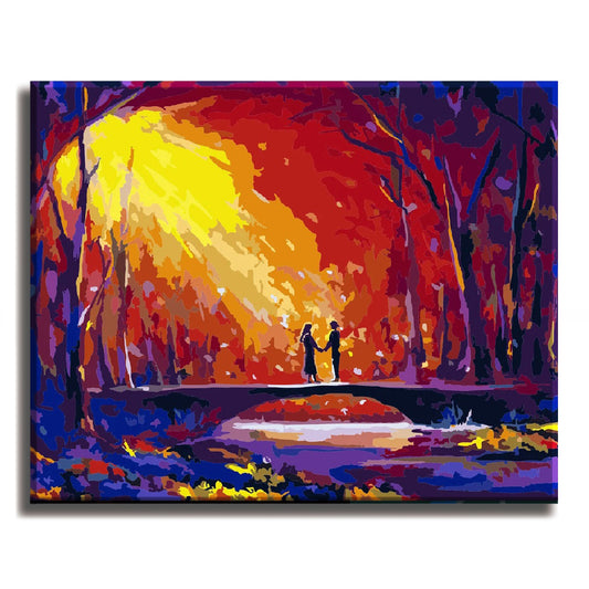 Lovers on Bridge in Forest - Paint by Number Kit DIY Oil Painting on Wood Stretched Canvas 16"x20"