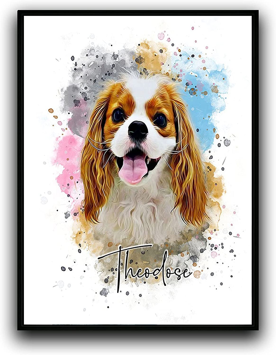 Custom Dog/Cat/Pet Portrait Cartoon Watercolor Effect Photo Paints on Canvas with Your Uploads Wall Art for Home Decoration, Personalized Memorial Gift for Pet Lovers