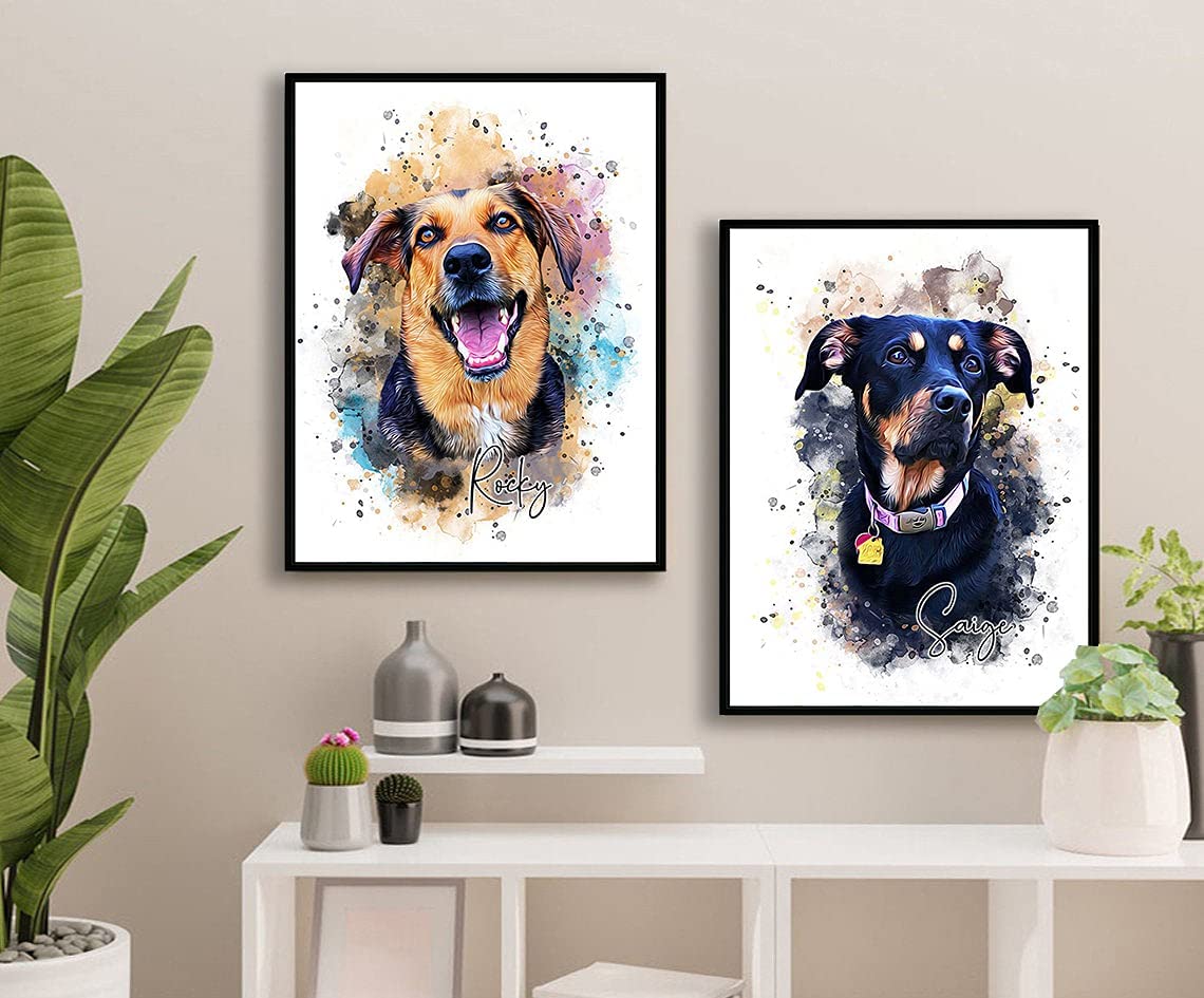 Custom Dog/Cat/Pet Portrait Cartoon Watercolor Effect Photo Paints on Canvas with Your Uploads Wall Art for Home Decoration, Personalized Memorial Gift for Pet Lovers