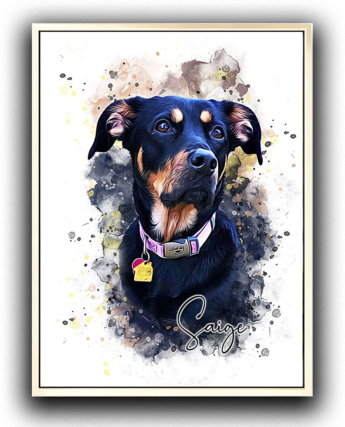 Custom Dog/Cat/Pet Portrait Cartoon Watercolor Effect Photo Paints on Canvas with Your Uploads Wall Art for Home Decoration, Personalized Memorial Gift for Pet Lovers