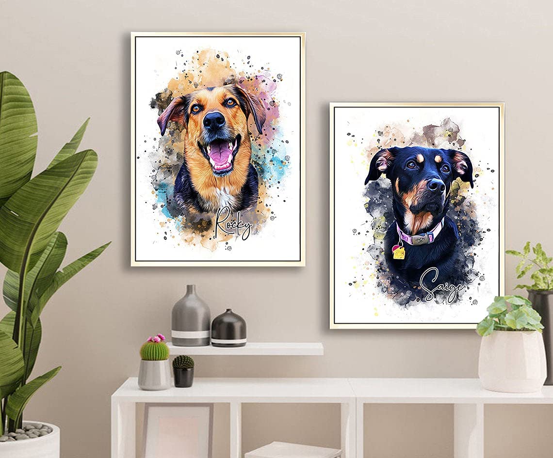 Custom Dog/Cat/Pet Portrait Cartoon Watercolor Effect Photo Paints on Canvas with Your Uploads Wall Art for Home Decoration, Personalized Memorial Gift for Pet Lovers