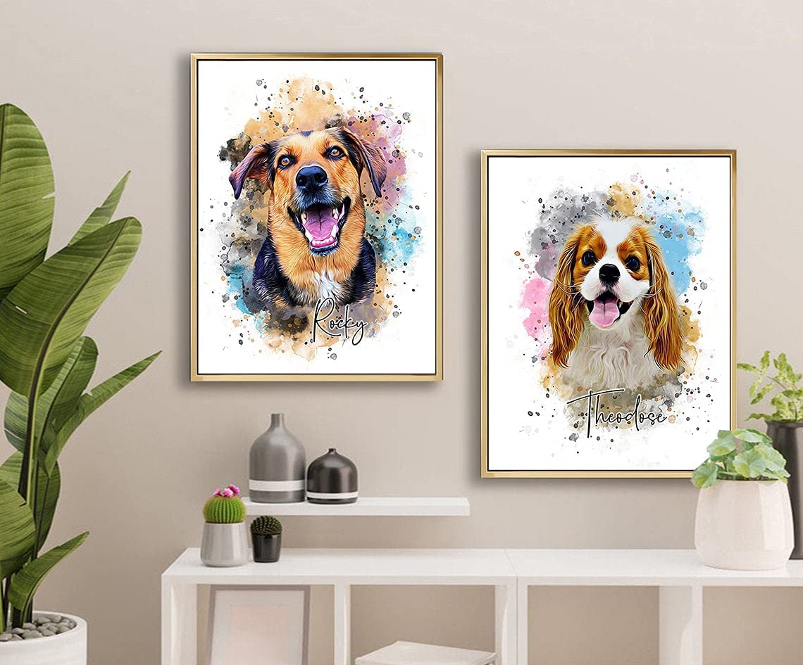 Custom Dog/Cat/Pet Portrait Cartoon Watercolor Effect Photo Paints on Canvas with Your Uploads Wall Art for Home Decoration, Personalized Memorial Gift for Pet Lovers
