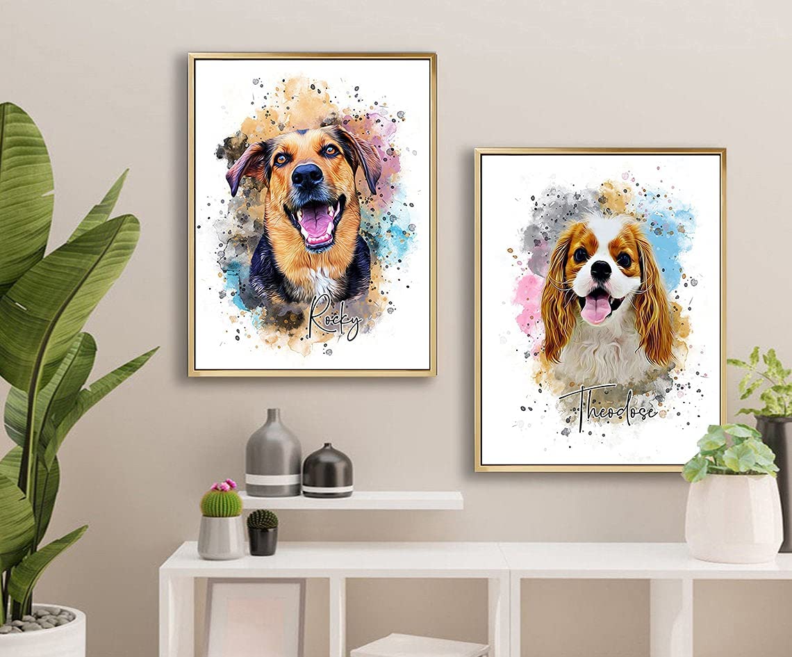 Custom Dog/Cat/Pet Portrait Cartoon Watercolor Effect Photo Paints on Canvas with Your Uploads Wall Art for Home Decoration, Personalized Memorial Gift for Pet Lovers - Texture Of Dreams 