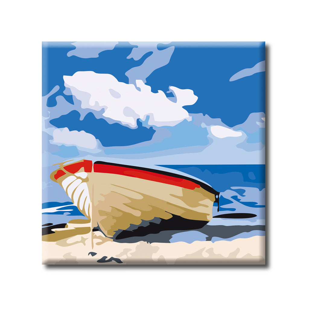 Small Boat on the Beach - Paint by Number Kit DIY Oil Painting Kit on Wood Stretched Canvas 10"x10" - Texture Of Dreams 